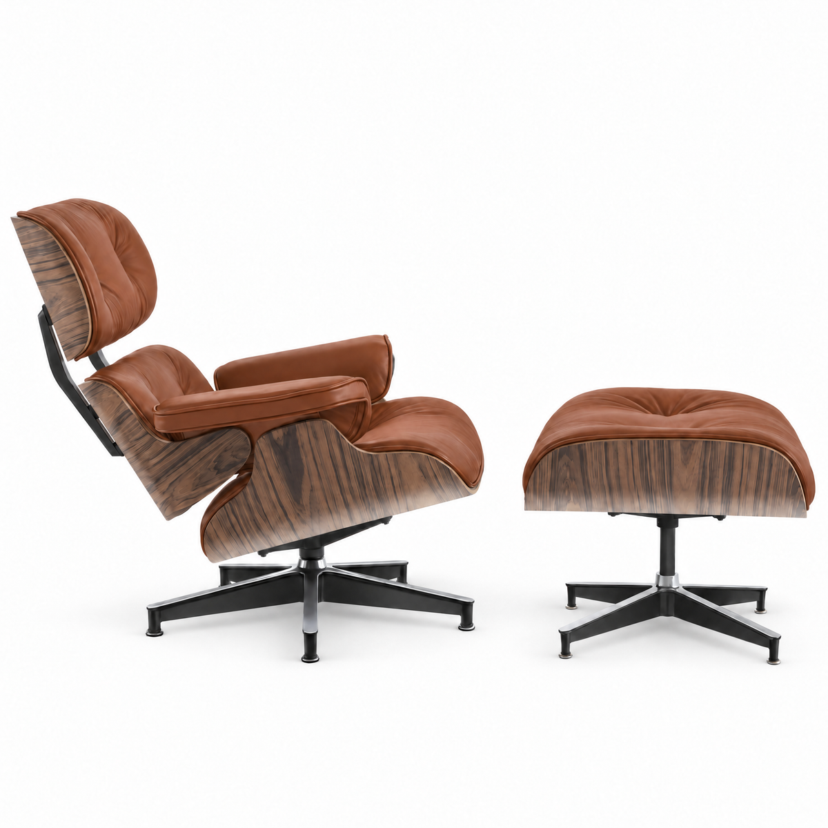 Mid-century lounge chair and ottoman in cognac brown full-grain leather with palisander veneer, side view