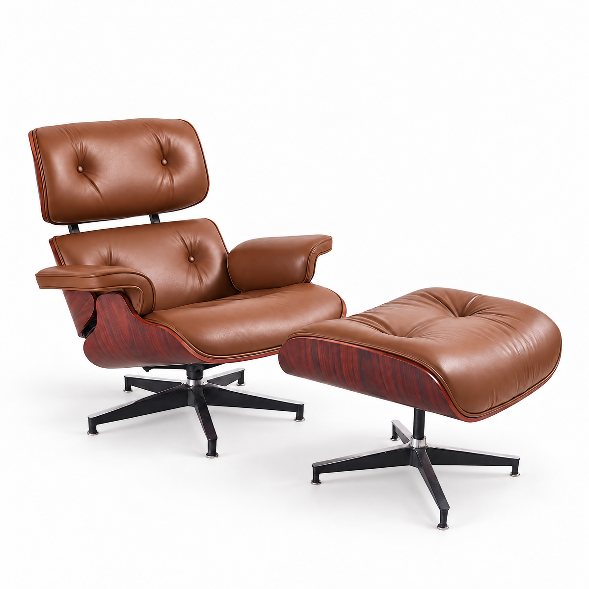 Mid-century lounge chair and ottoman in cognac brown full-grain leather with rosewood veneer, front three-quarter view