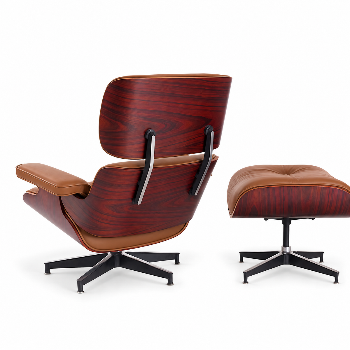 Mid-century lounge chair and ottoman in cognac brown full-grain leather with rosewood veneer, rear three-quarter view