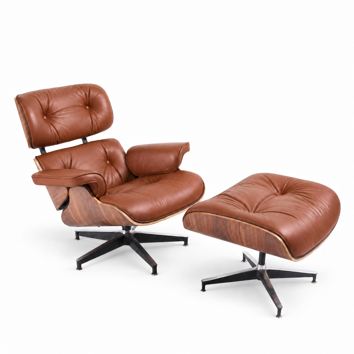 Mid-century lounge chair and ottoman in cognac brown full-grain leather with walnut veneer, front three-quarter view