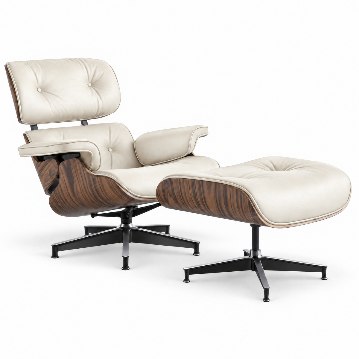 Mid-century lounge chair and ottoman in cream full-grain leather with palisander veneer, front three-quarter view, alternate angle