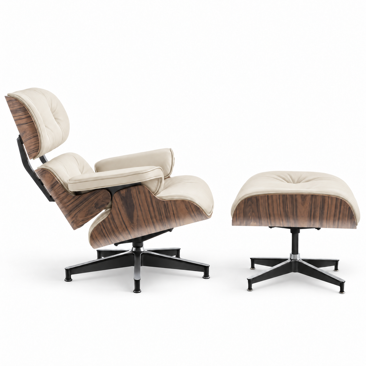 Mid-century lounge chair and ottoman in cream full-grain leather with palisander veneer, side view