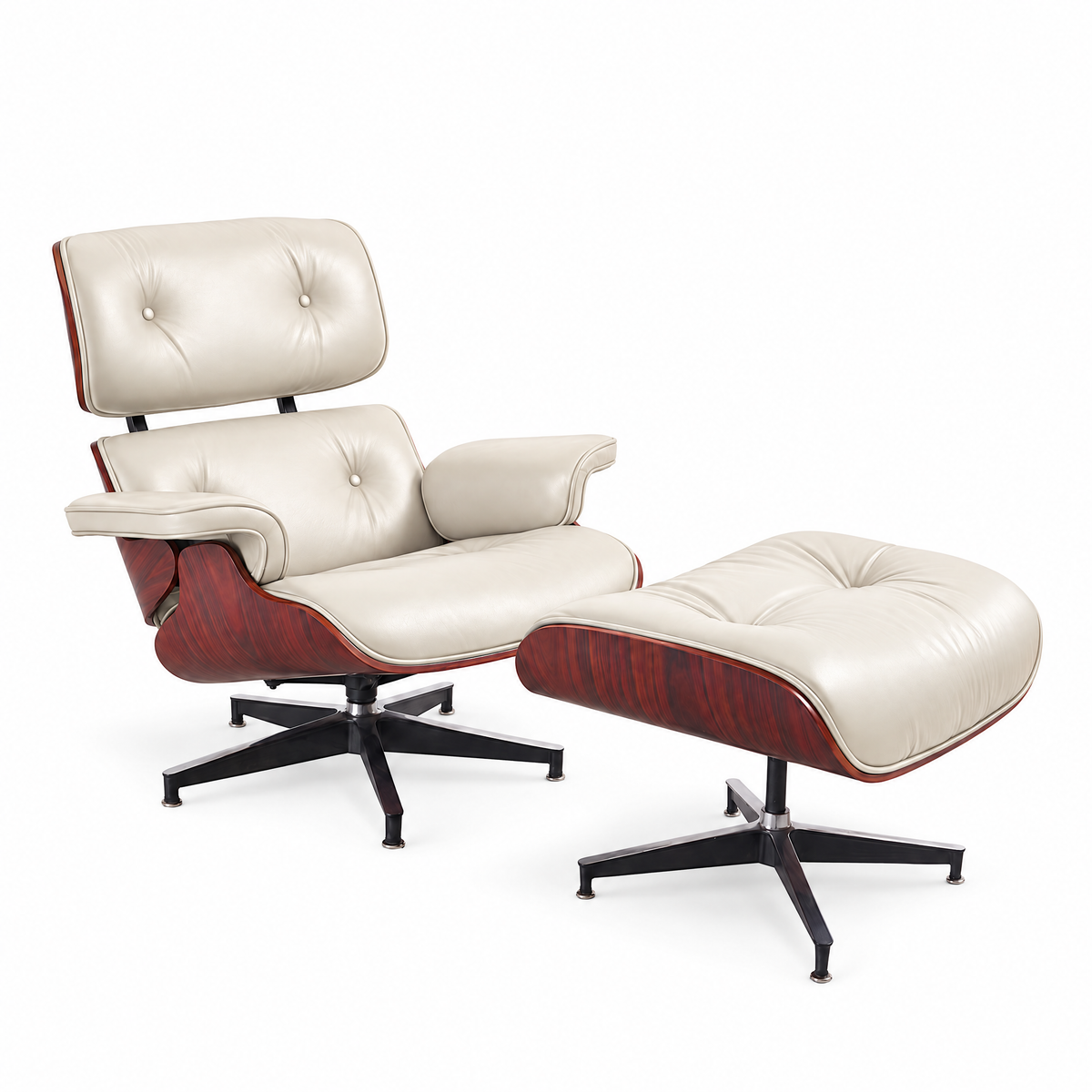 Mid-century lounge chair and ottoman in cream full-grain leather with rosewood veneer, front three-quarter view