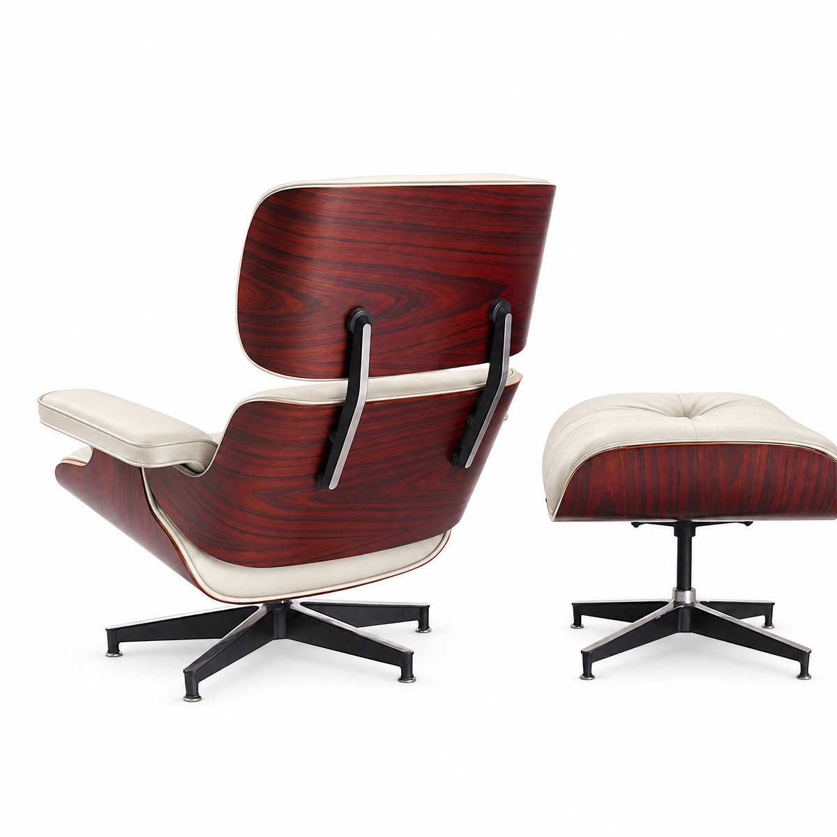 Mid-century lounge chair and ottoman in cream full-grain leather with rosewood veneer, rear three-quarter view