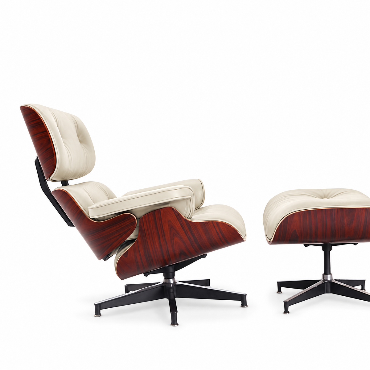 Mid-century lounge chair and ottoman in cream full-grain leather with rosewood veneer, side view