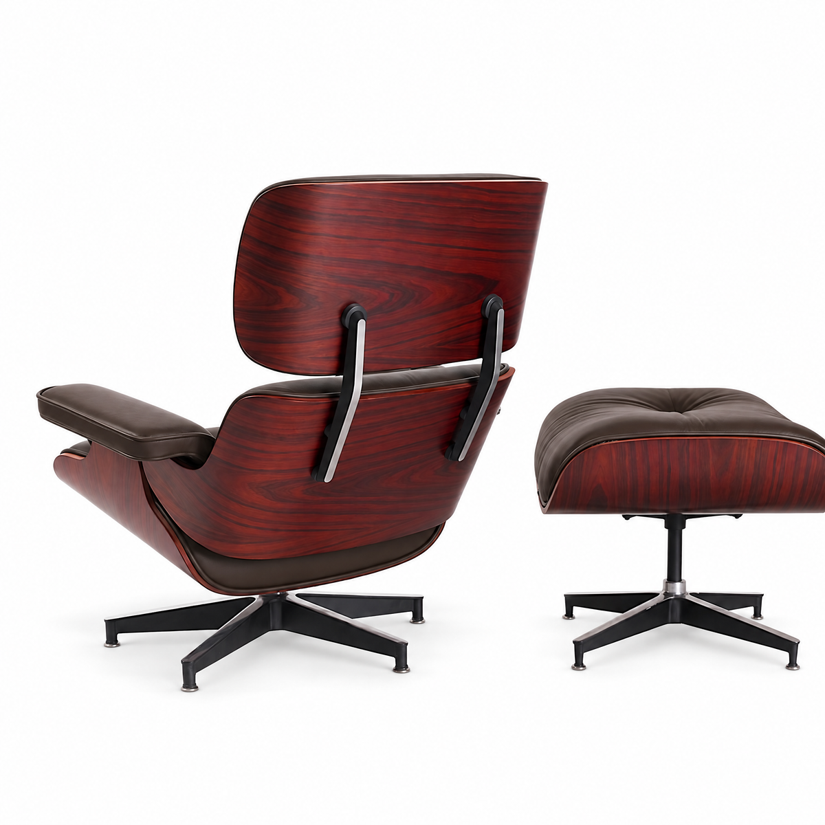 Mid-century lounge chair and ottoman in saddle brown full-grain leather with rosewood veneer, rear three-quarter view