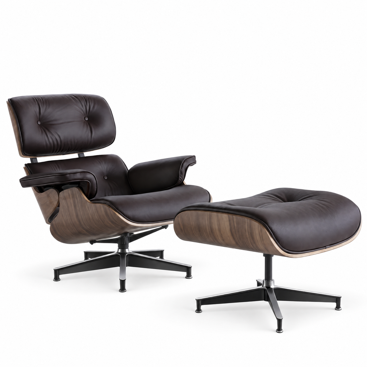 Mid-century lounge chair and ottoman in saddle brown full-grain leather with walnut veneer, front three-quarter view, alternate angle