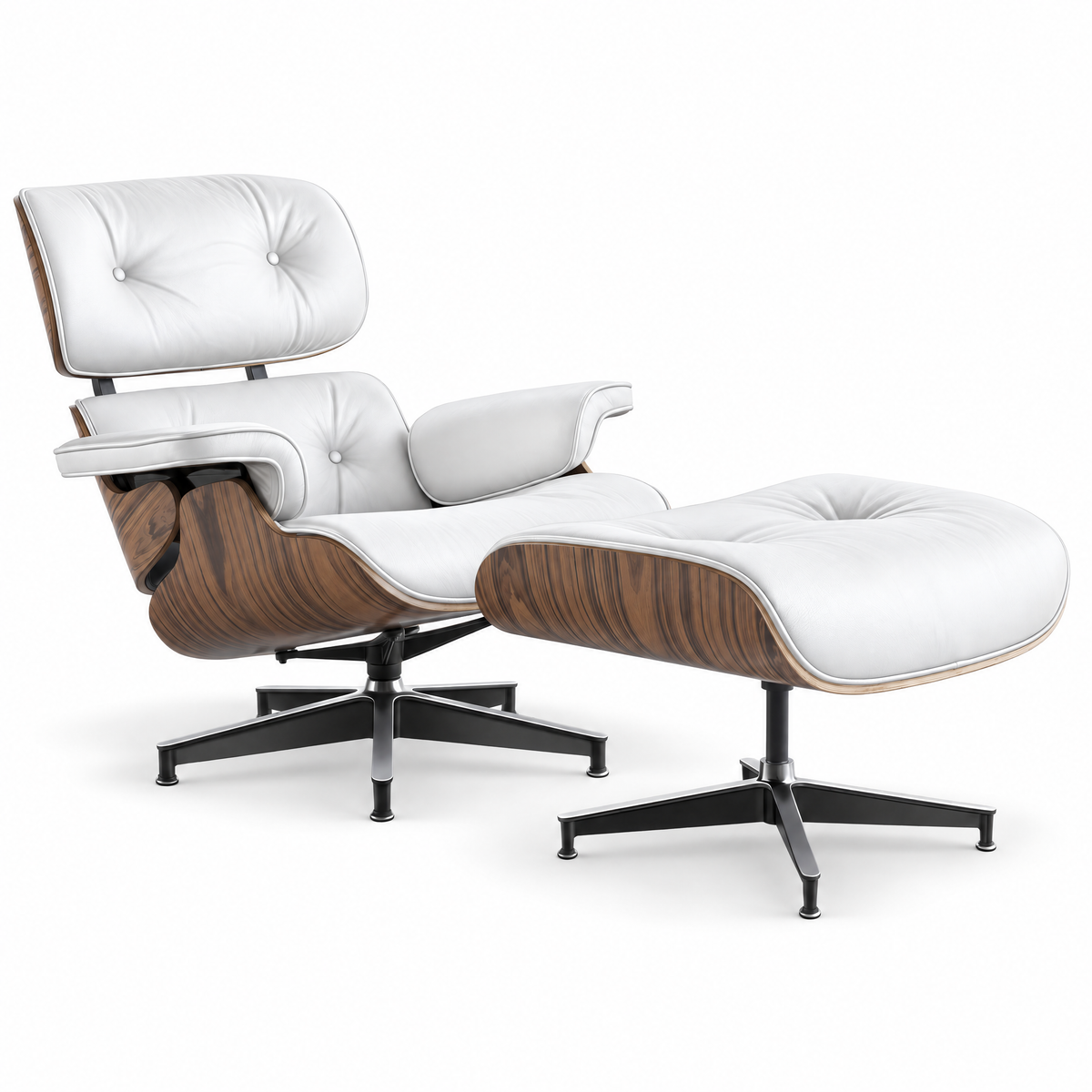 Mid-century lounge chair and ottoman in white full-grain leather with palisander veneer, front three-quarter view, alternate angle