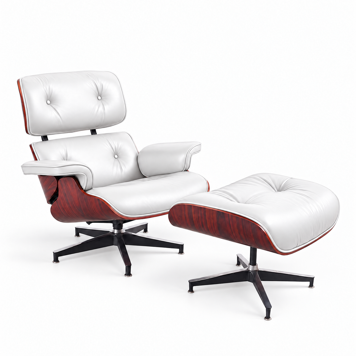 Mid-century lounge chair and ottoman in white full-grain leather with rosewood veneer, front three-quarter view