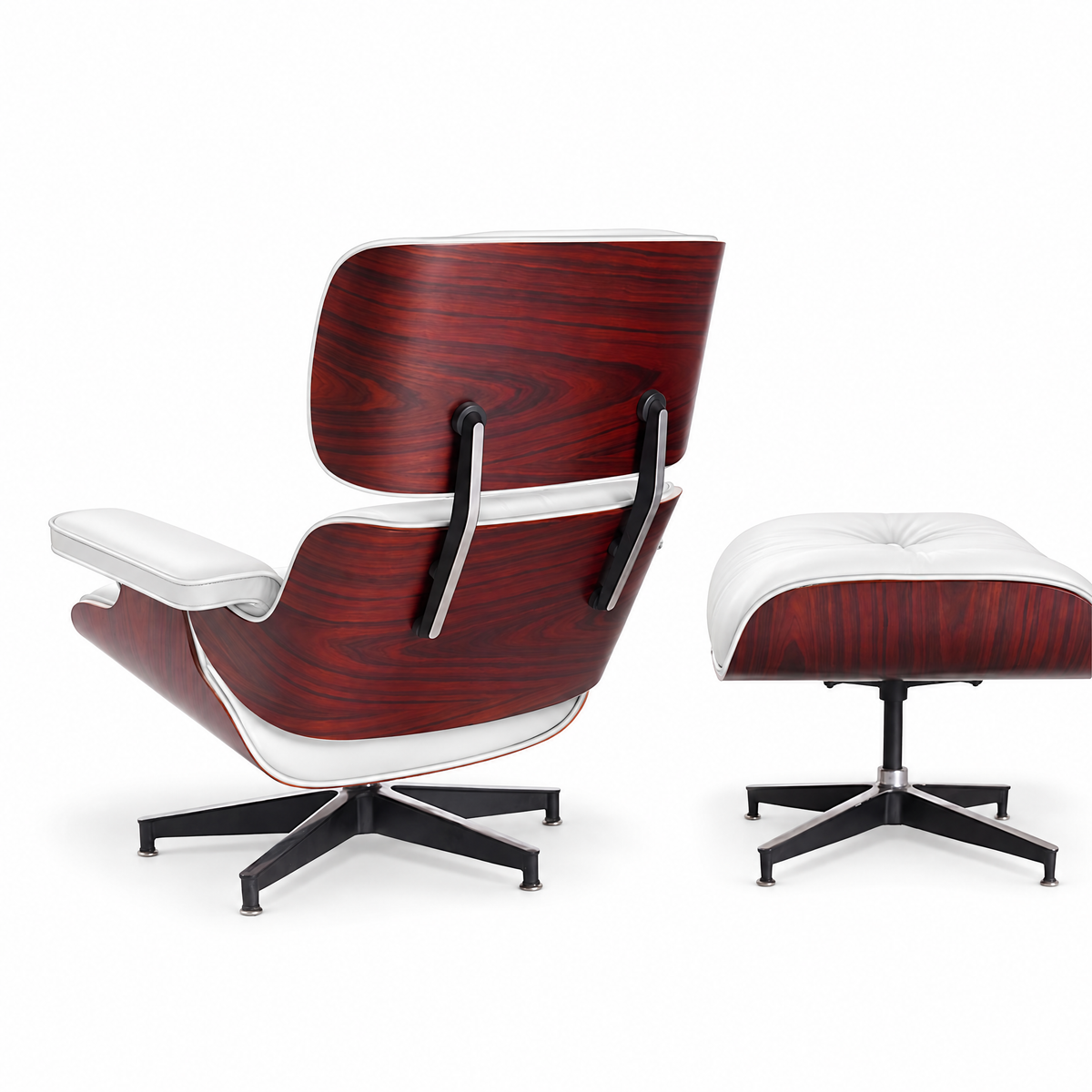 Mid-century lounge chair and ottoman in white full-grain leather with rosewood veneer, rear three-quarter view