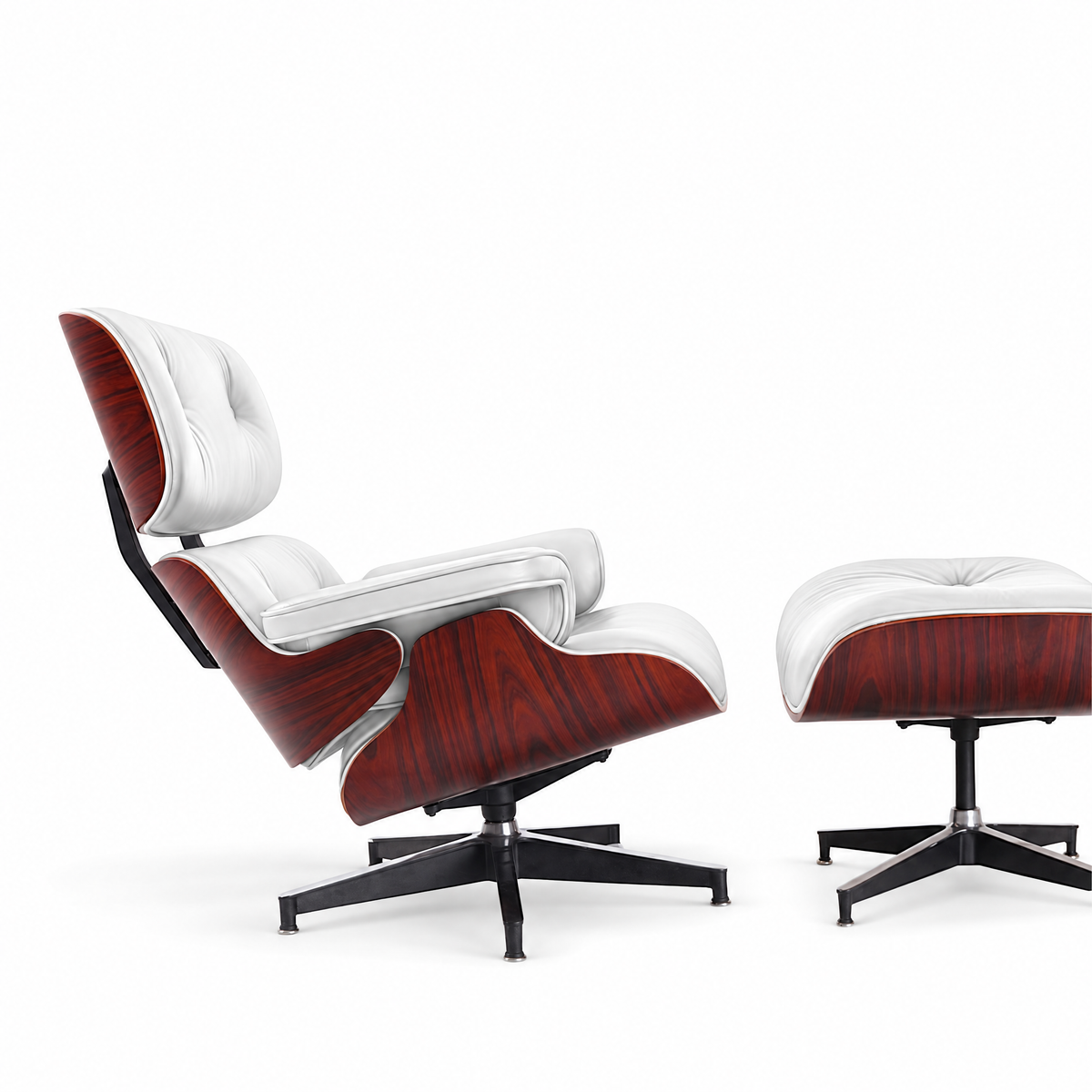Mid-century lounge chair and ottoman in white full-grain leather with rosewood veneer, side view