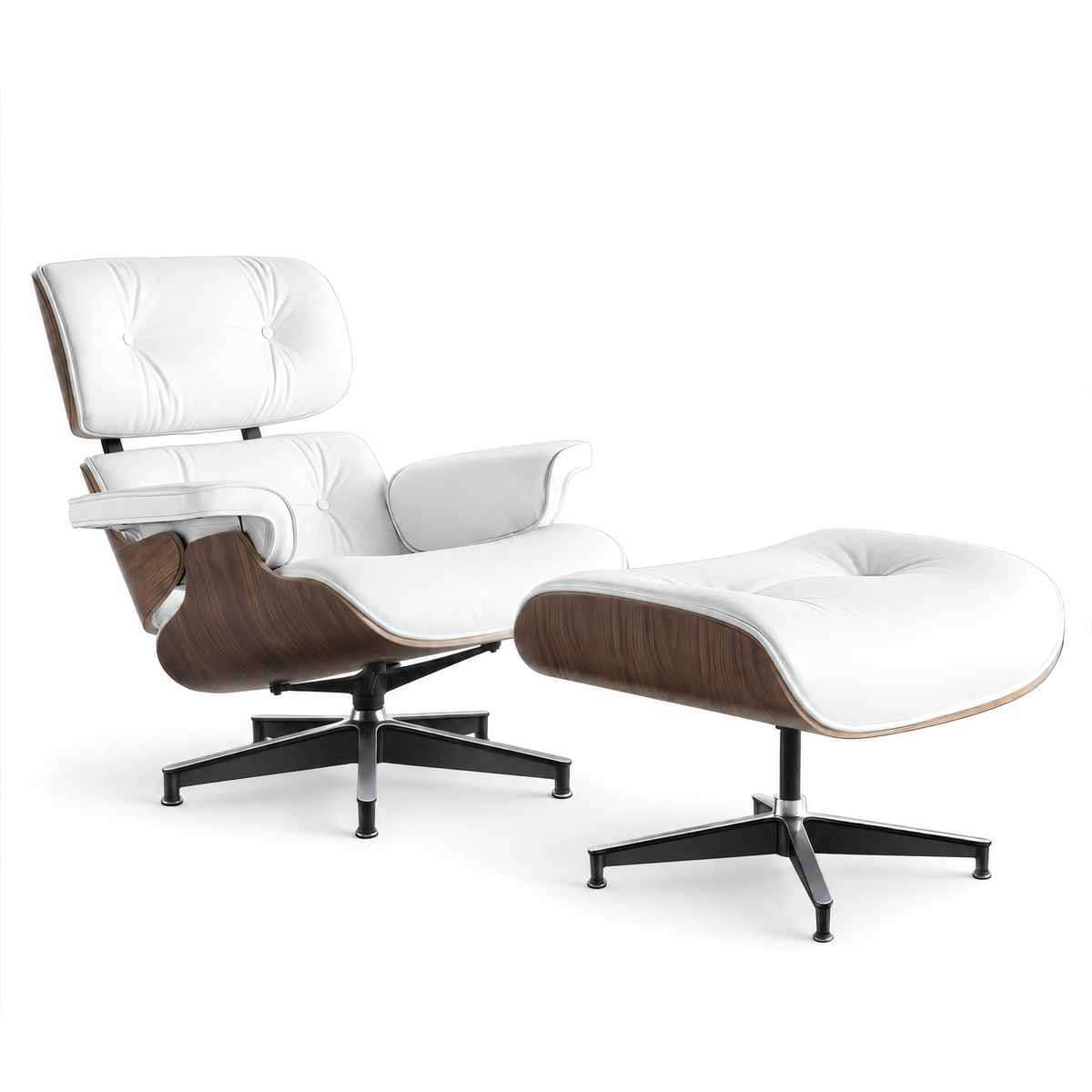 Mid-century lounge chair and ottoman in white full-grain leather with walnut veneer, front three-quarter view