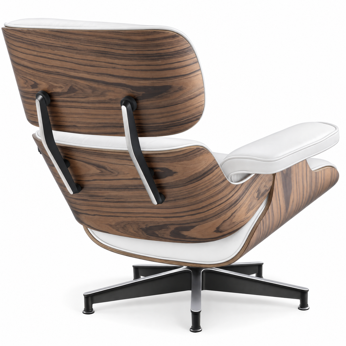 Mid-century lounge chair in white leather with palisander veneer, rear three-quarter view
