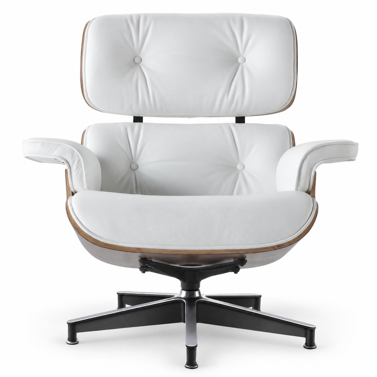 Mid-century lounge chair in white leather with walnut veneer, front view