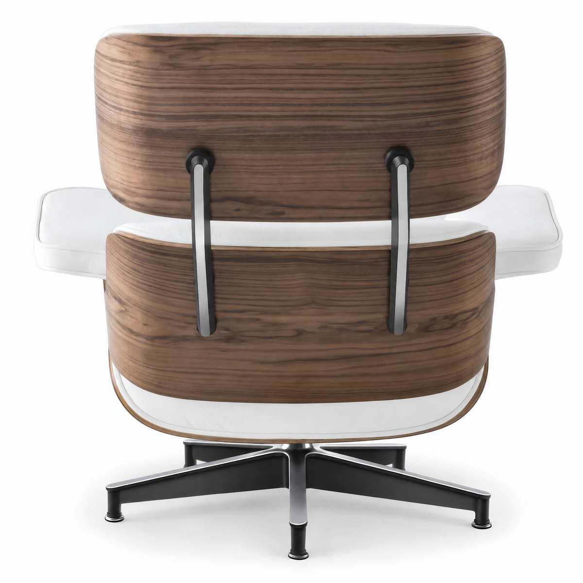 Mid-century lounge chair in white leather with walnut veneer, rear view