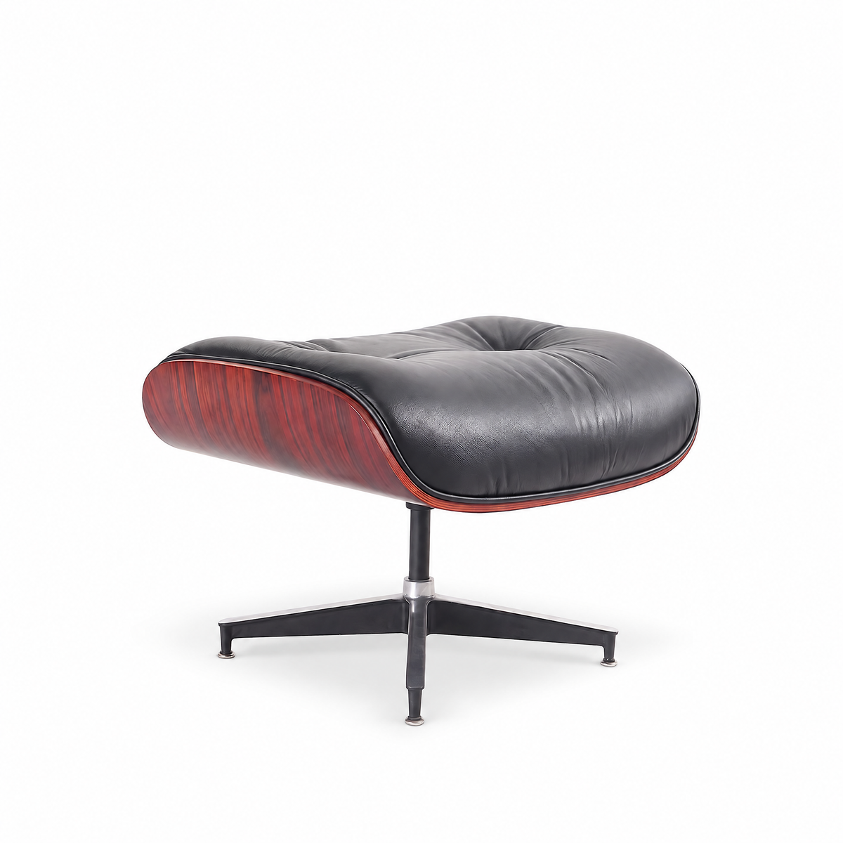 Mid-century ottoman in black full-grain leather with rosewood veneer, front three-quarter view