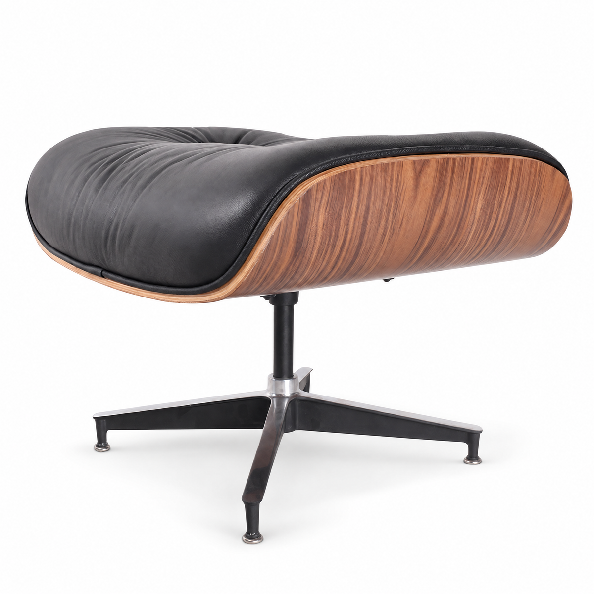 Mid-century ottoman in black full-grain leather with walnut veneer, front three-quarter view
