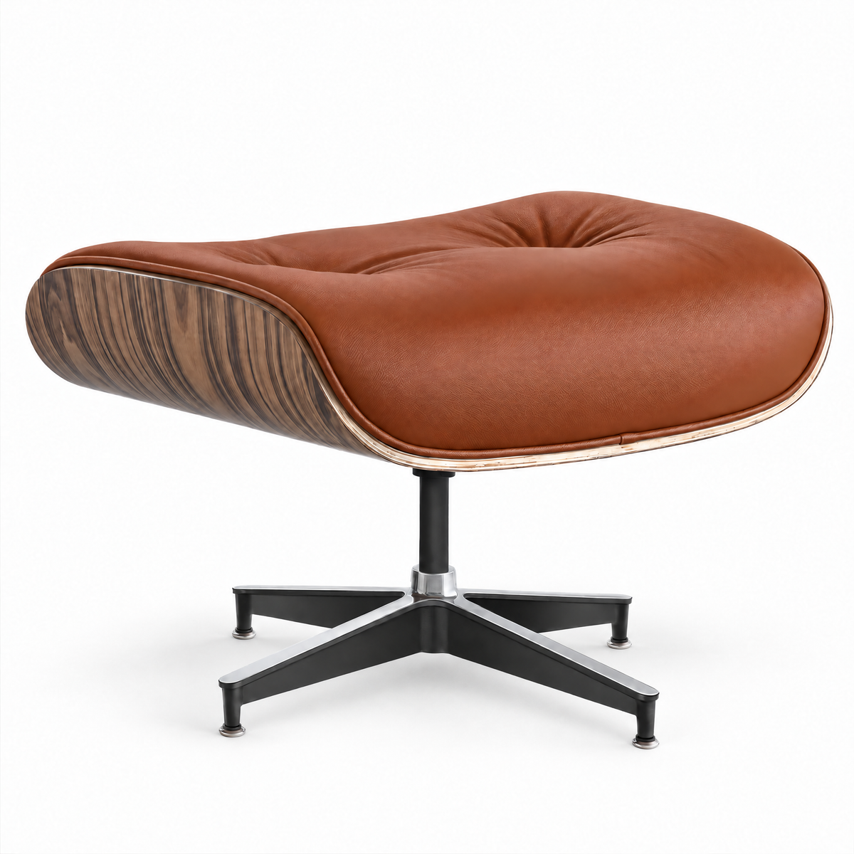 Mid-century ottoman in cognac brown full-grain leather with palisander veneer, front three-quarter view
