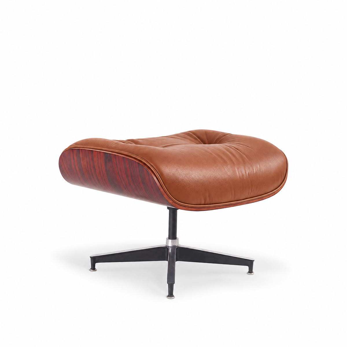 Mid-century ottoman in cognac brown full-grain leather with rosewood veneer, front three-quarter view