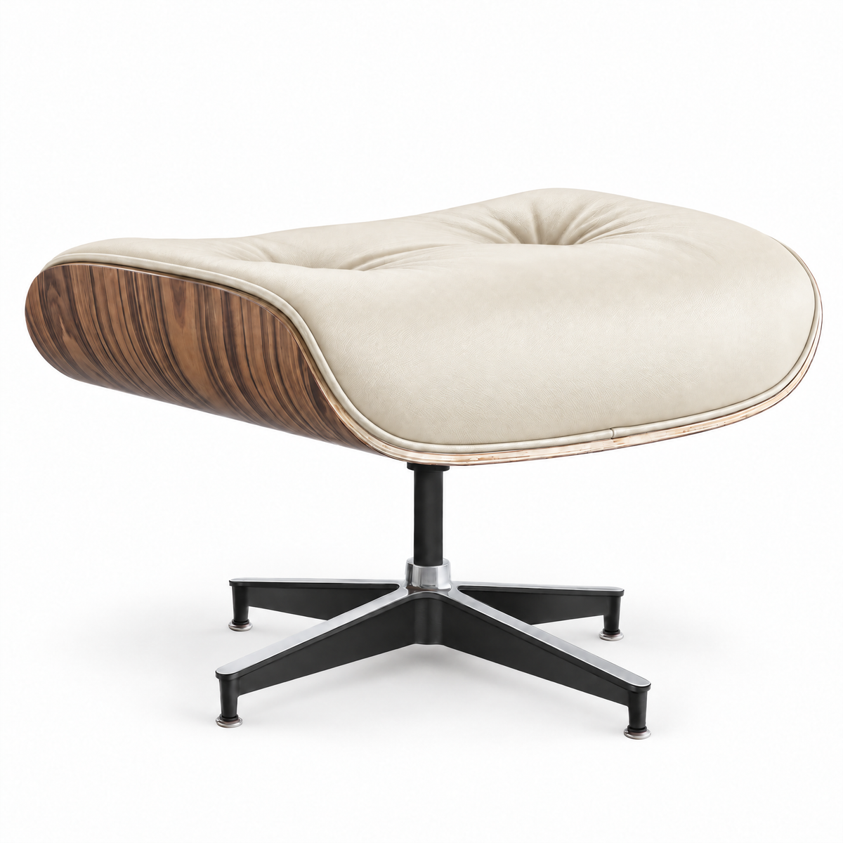Mid-century ottoman in cream full-grain leather with palisander veneer, front three-quarter view