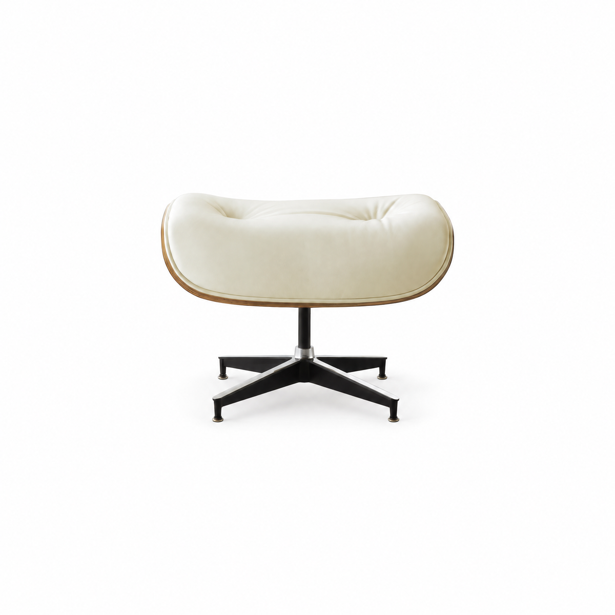 Mid-century ottoman in cream full-grain leather with walnut veneer, front view