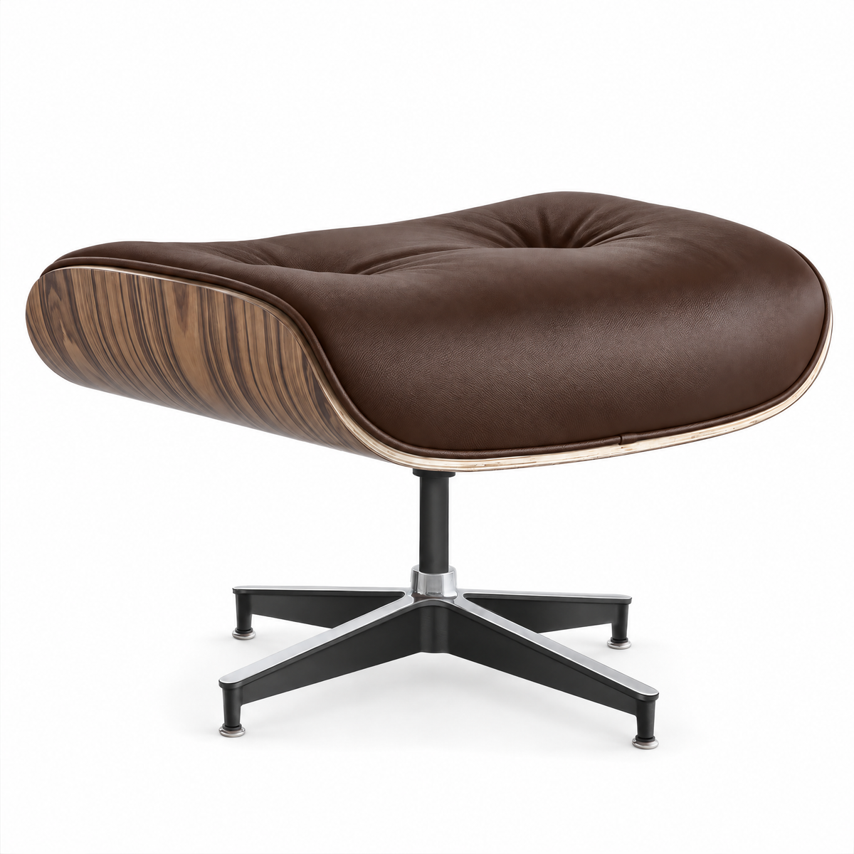 Mid-century ottoman in saddle brown full-grain leather with palisander veneer, front three-quarter view