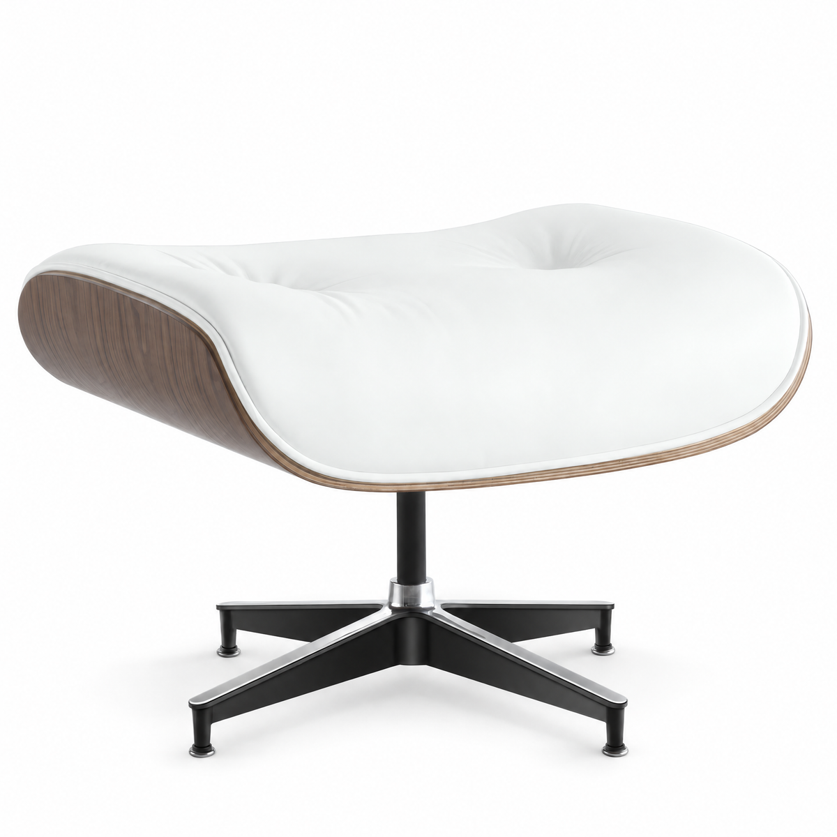 Mid-century ottoman in white full-grain leather with walnut veneer, front three-quarter view