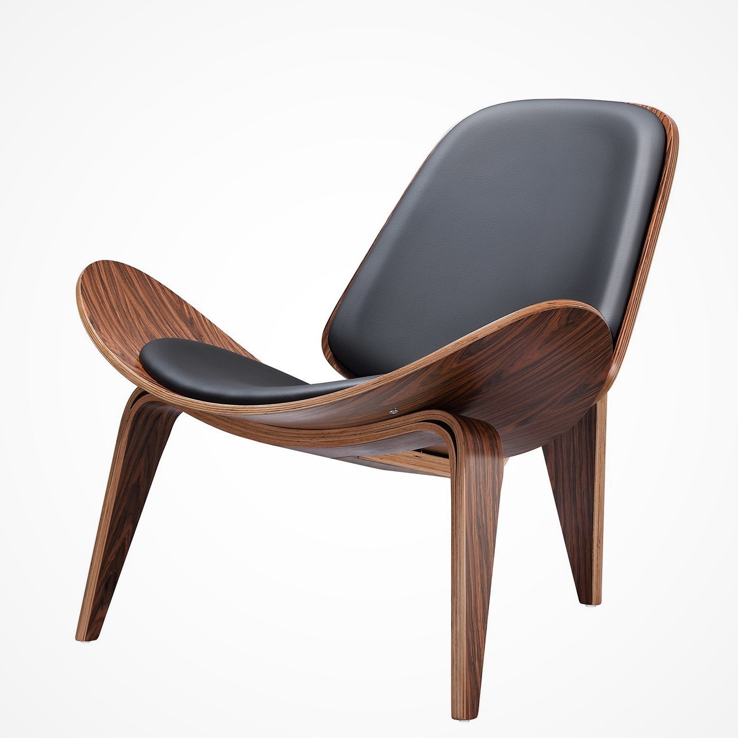 Hans J. Wegner Shell Chair, Black Vegan Leather and Veneer