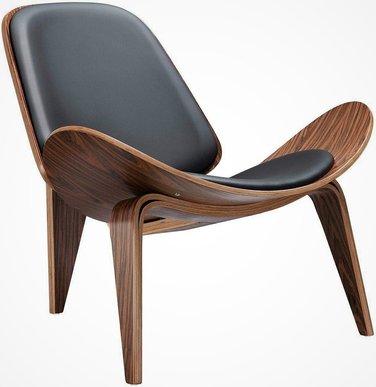 Hans J. Wegner Shell Chair, Black Vegan Leather and Veneer