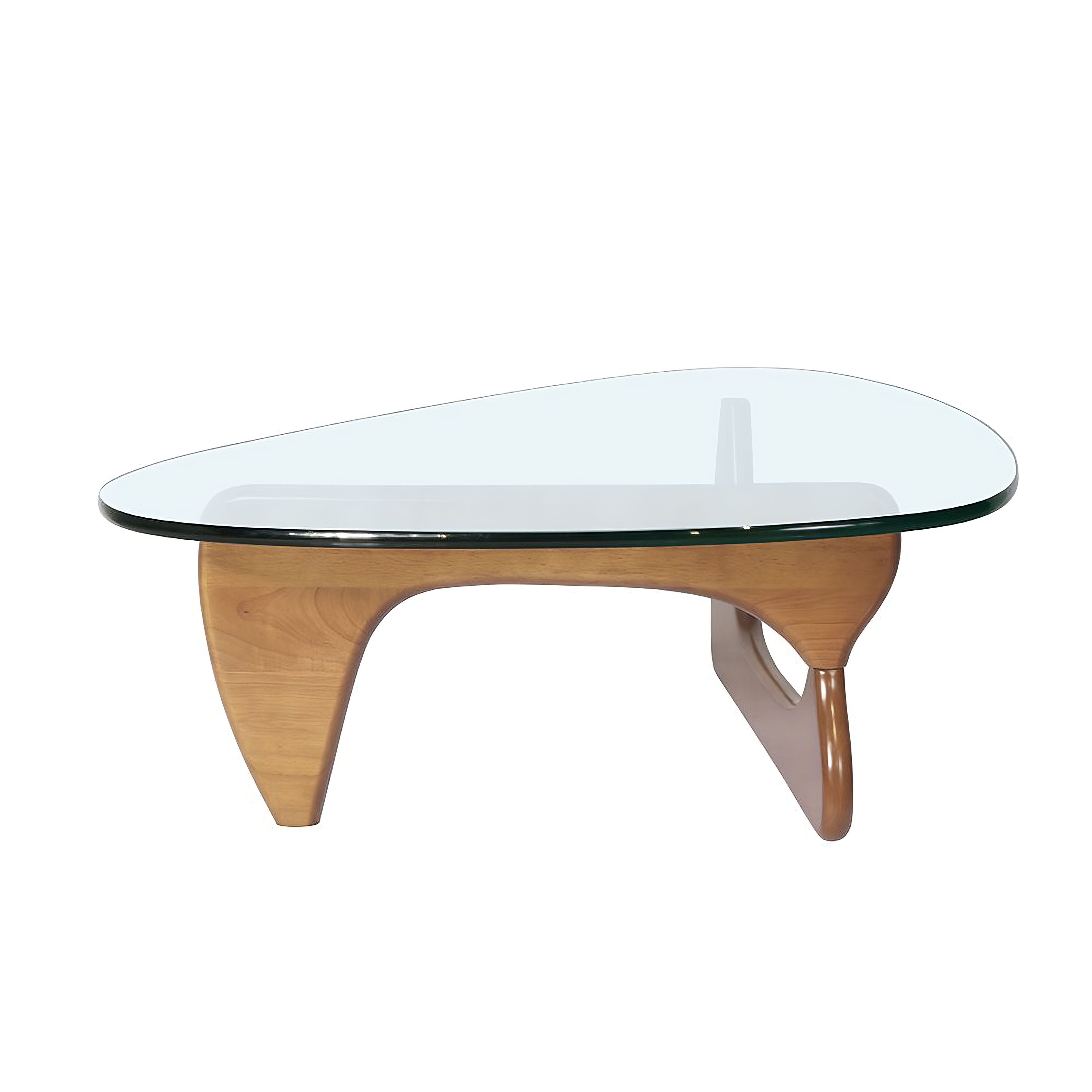 Innist sculptural coffee table in walnut, three-quarter view of curved wood base and glass tabletop