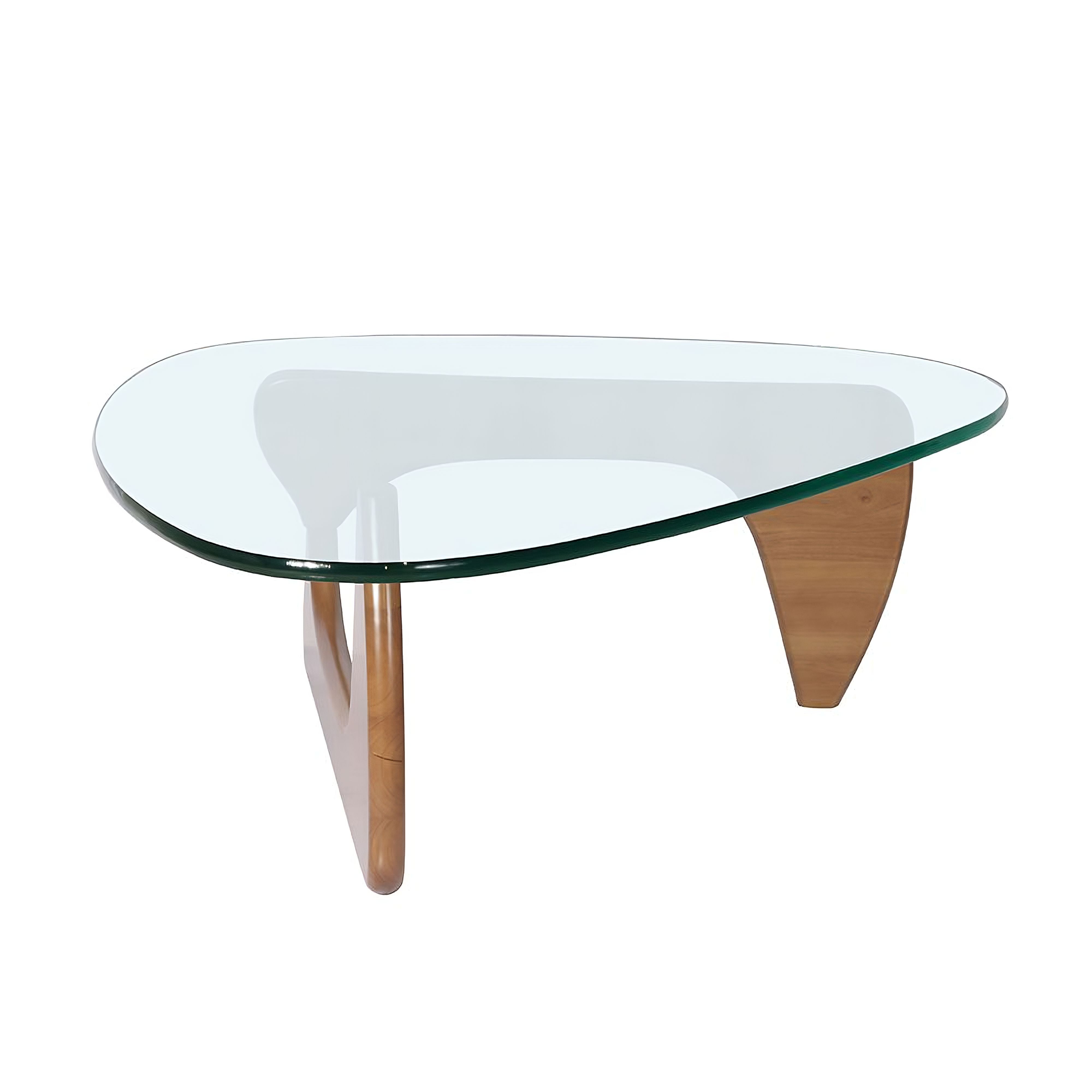Innist sculptural coffee table in walnut, alternate view of biomorphic wood and tempered glass design