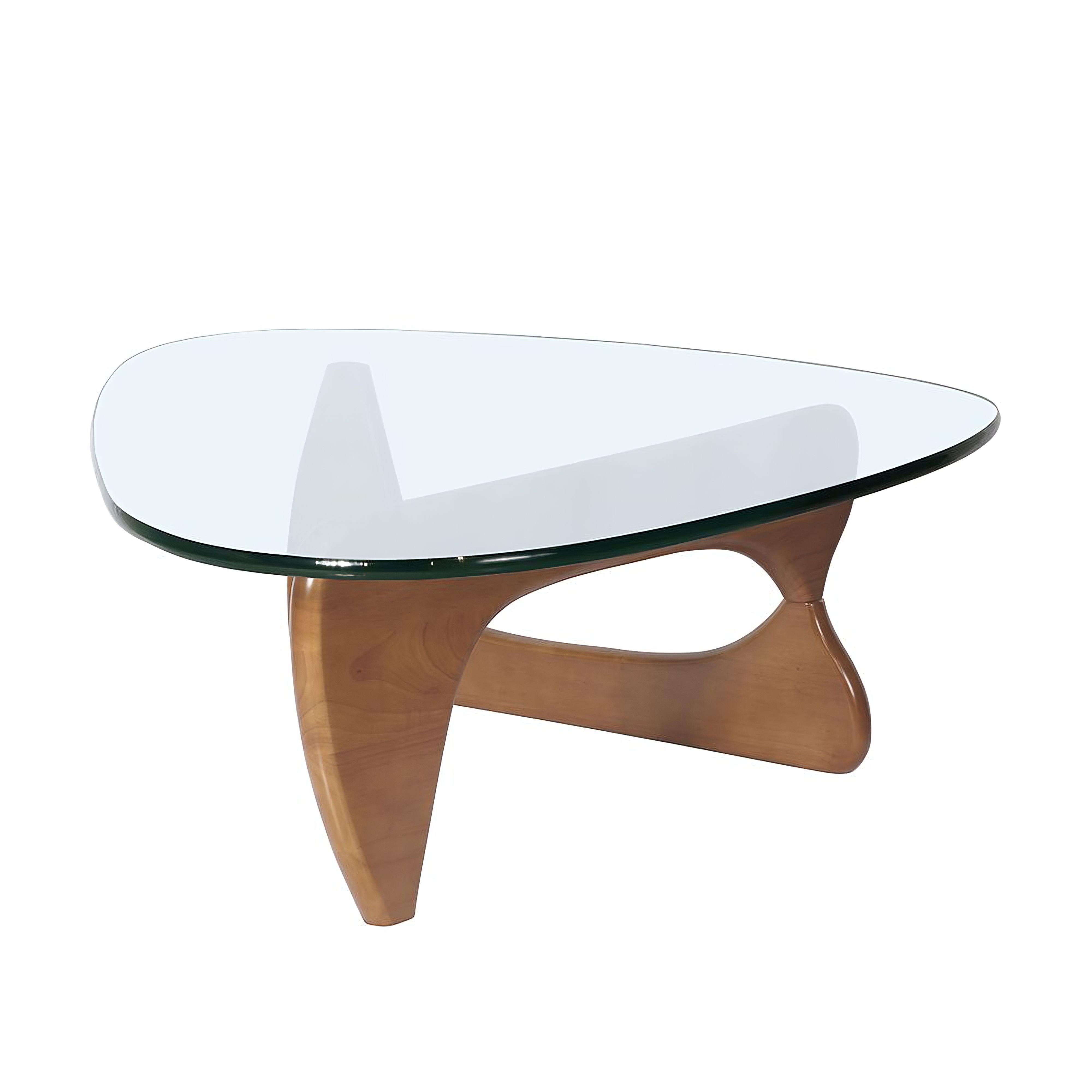 Innist sculptural coffee table in walnut, featuring a biomorphic wooden base and tempered glass top, a timeless piece that blends artistry and function in modern interiors